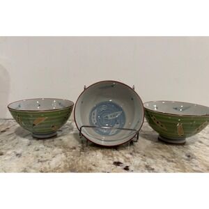 Saikai Japan Ceramic Rice Bowls Set of 3 Green Pea Pod Pattern Ribbed Texture
